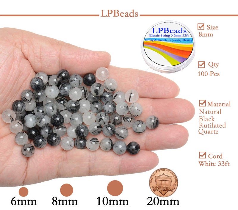 LPBeads 100pcs Polished 8mm Round Natural Black Rutilated Quartz Gemstone Loose Beads with Stretch Cord for Jewelry Making Bracelets - Image 2